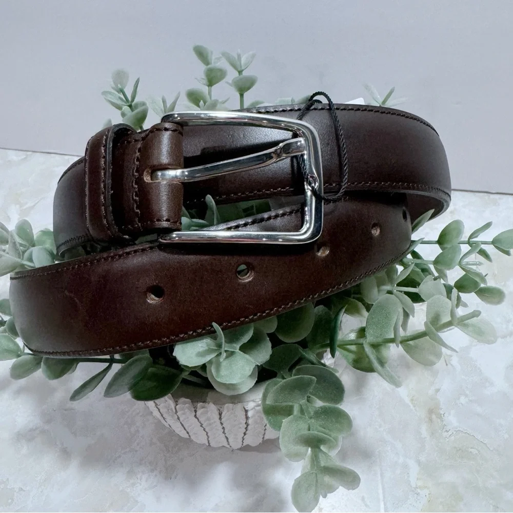NWT Zara‎ Men’s Basic Leather Belt Brown Silver Buckle Minimalist Preppy Casual
